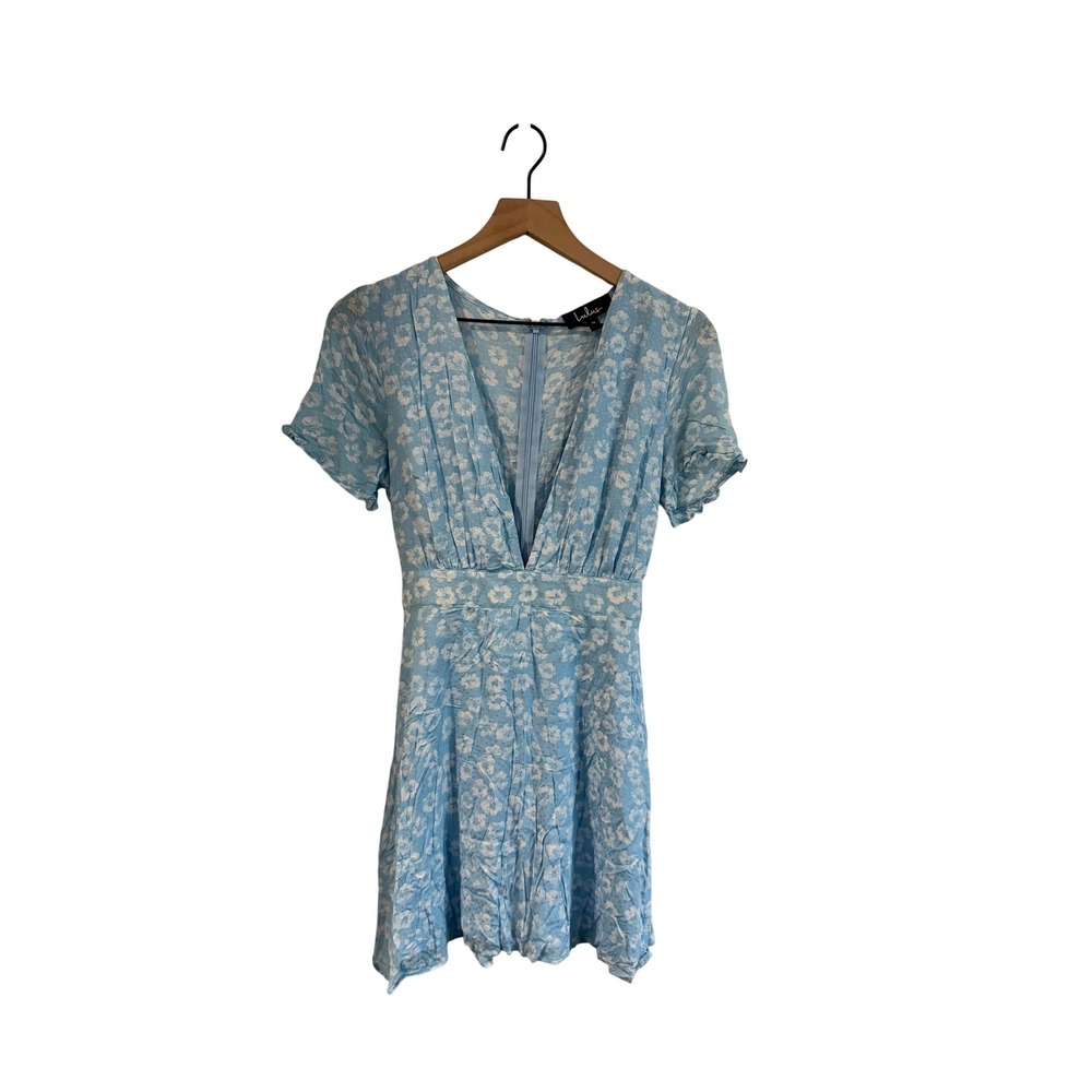Lulus Blue Floral Plunging V-Neck Mini Dress Short Sleeve Back Tie Size Medium